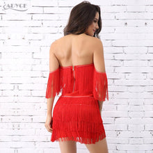 Load image into Gallery viewer, ADYCE Elegant V Neck Off Shoulder Sexy Fringe Short Sleeve Tassel Bandage Party Dress - H3048