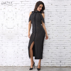 ADYCE Sexy Beadings Short Sleeve Off Shoulder Mid-Calf Runway Bodycon Party Dress - Y2280 - Testing