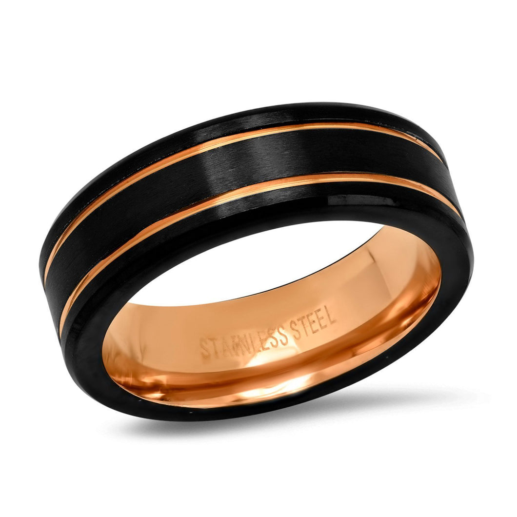 Two-Tone Stainless Steel Band Ring - Black / Rose Gold
