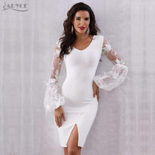 Load image into Gallery viewer, ADYCE Vestidos Sexy Feather Long Sleeve V Neck Midi Lace Runway Bandage Party Dress - H5245