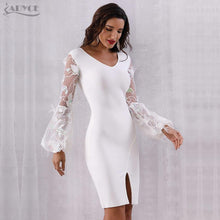 Load image into Gallery viewer, ADYCE Vestidos Sexy Feather Long Sleeve V Neck Midi Lace Runway Bandage Party Dress - H5245