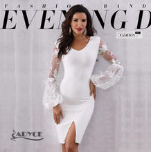 Load image into Gallery viewer, ADYCE Vestidos Sexy Feather Long Sleeve V Neck Midi Lace Runway Bandage Party Dress - H5245