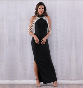 ADYCE Bandage Elegant Long Pearls Chain Bead Backless & Sleeveless Evening Maxi Party Dress - Y2678