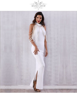 ADYCE Bandage Elegant Long Pearls Chain Bead Backless & Sleeveless Evening Maxi Party Dress - Y2678