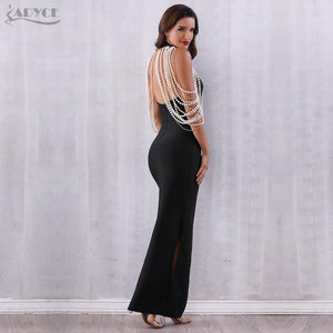 ADYCE Bandage Elegant Long Pearls Chain Bead Backless & Sleeveless Evening Maxi Party Dress - Y2678