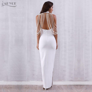 ADYCE Bandage Elegant Long Pearls Chain Bead Backless & Sleeveless Evening Maxi Party Dress - Y2678
