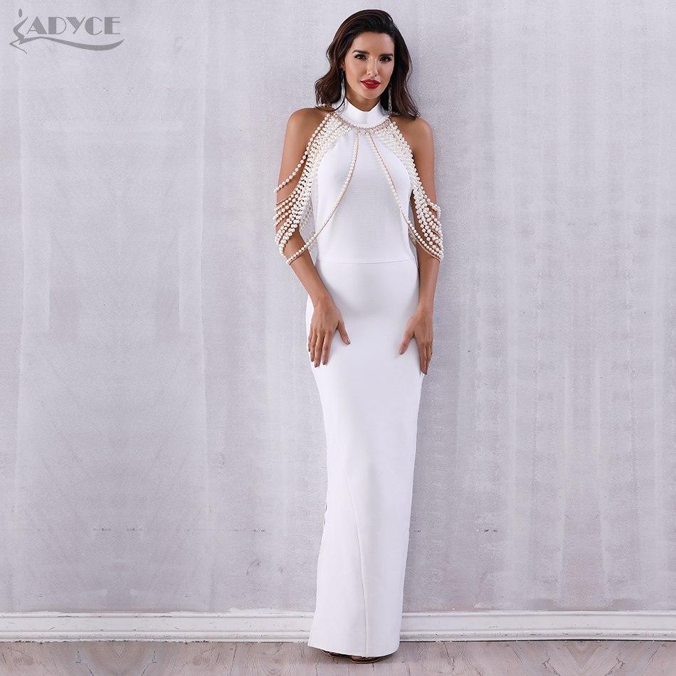 ADYCE Bandage Elegant Long Pearls Chain Bead Backless & Sleeveless Evening Maxi Party Dress - Y2678