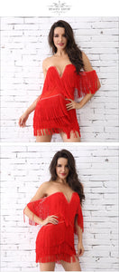ADYCE Elegant V Neck Off Shoulder Sexy Fringe Short Sleeve Tassel Bandage Party Dress - H3048
