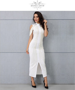 ADYCE Sexy Beadings Short Sleeve Off Shoulder Mid-Calf Runway Bodycon Party Dress - Y2280 - Testing