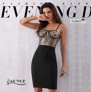 ADYCE Sequined Women Sexy Bodycon Spaghetti Strap Celebrity Black/Gold Party Dress - H5368